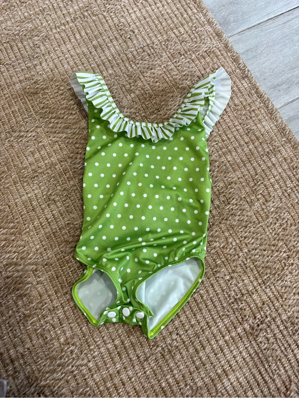 Girls Green Polka Dot Ruffle One-Piece Swimsuit with Striped Trim